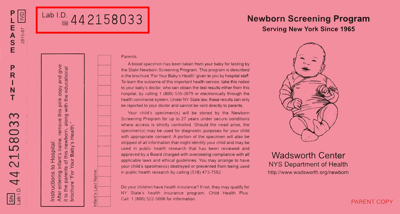 pink parent’s copy of the newborn screening form