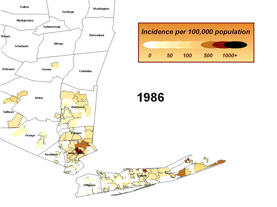 Incidence of Lyme Disease per 100,000 population in 1986 to 2005