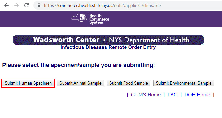 Select the Specimen/Sample type you are submitting.