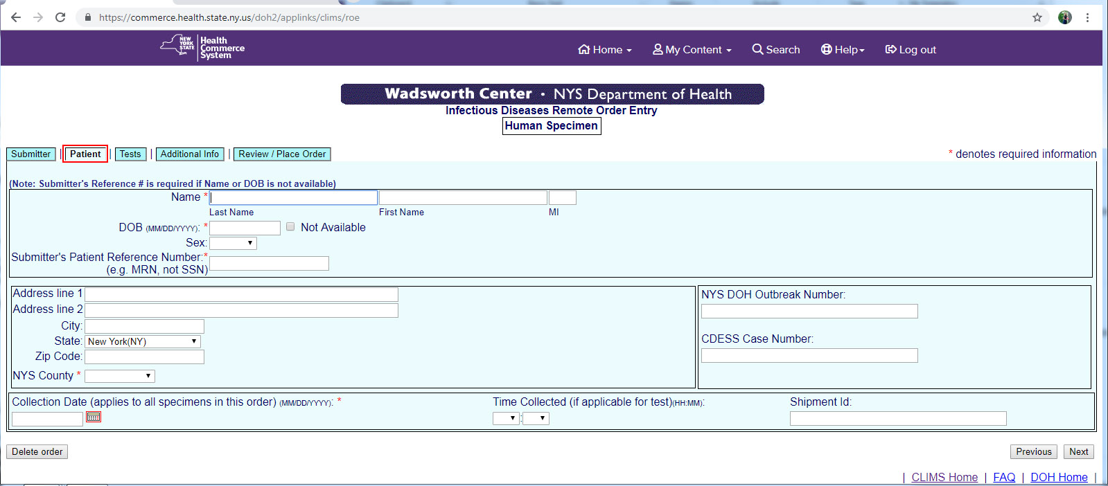 On the patient tab, complete the required fields, indicated with an asterisk ‘*’.